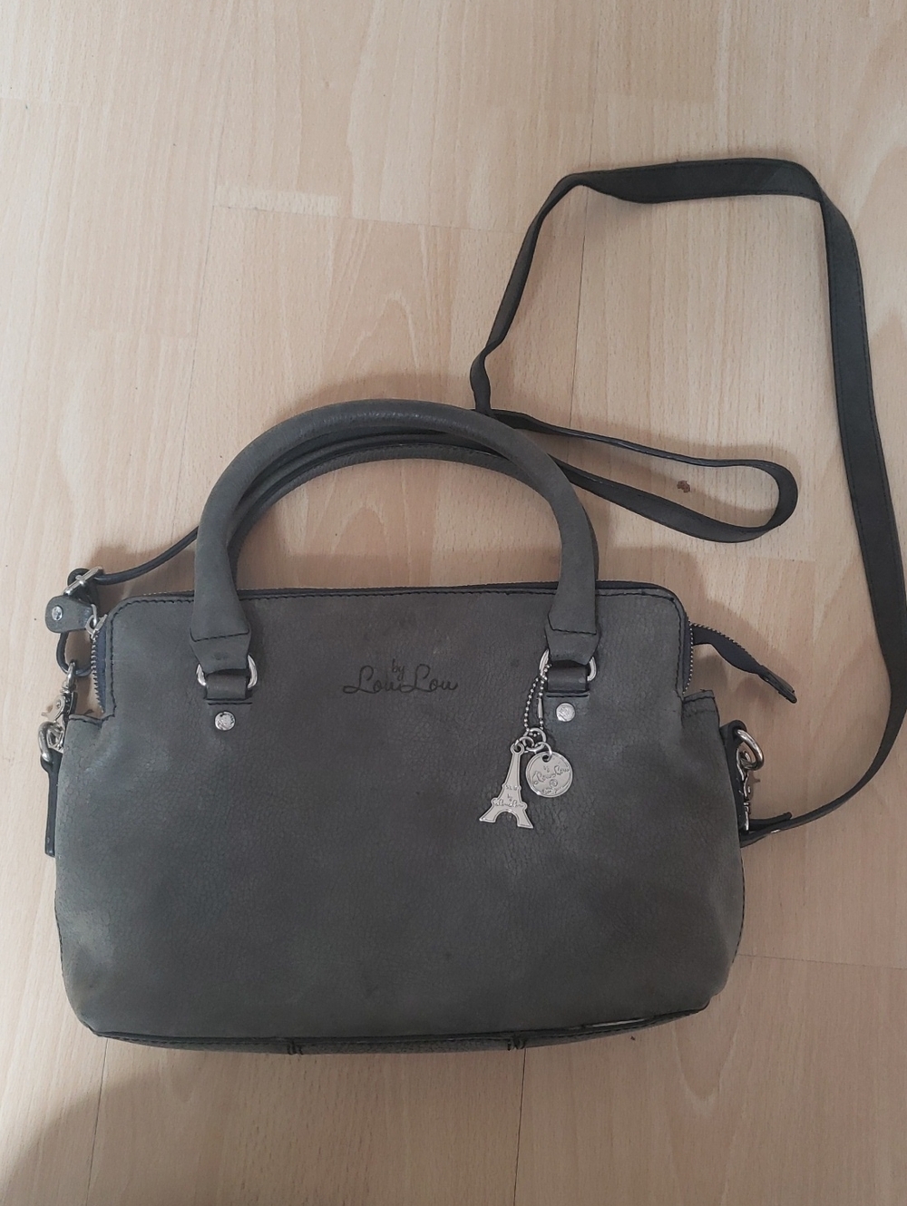 LouLou  Gray Leather Retro Bag with Removable Crossbody Strap